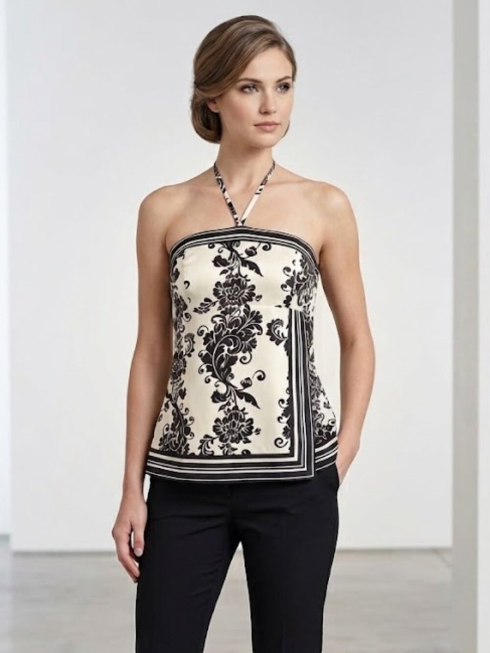 White House Black Market Silk Halter Top Ivory Black Ornate Baroque Print